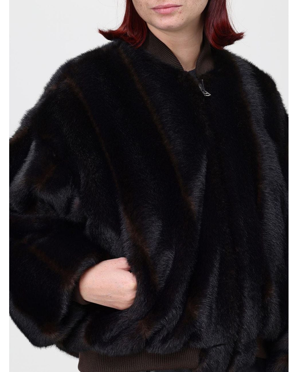 MM6 by Maison Margiela Black Cropped Faux Fur Jacket With Bomber Collar