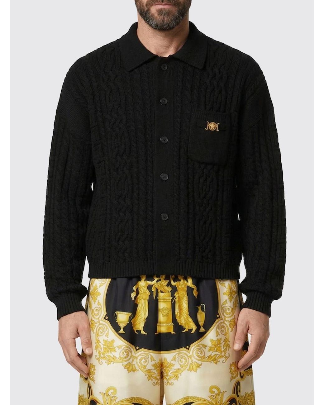 Versace Black Braided Virgin Wool Polo Cardigan for men