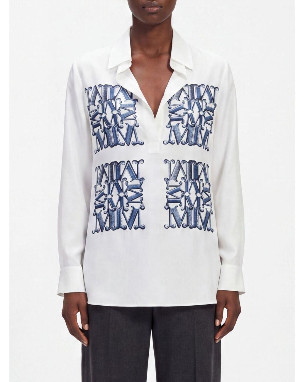 Max Mara White Monogram Print Silk Shirt With Classic Collar