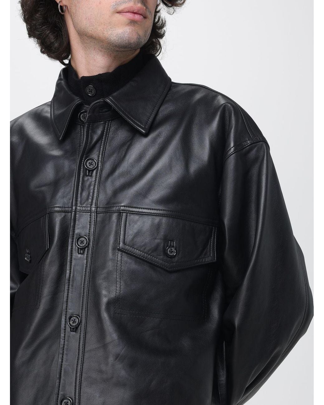 Paolo Pecora Gray Oversize Leather Shirt Jacket With Patch Pockets for men