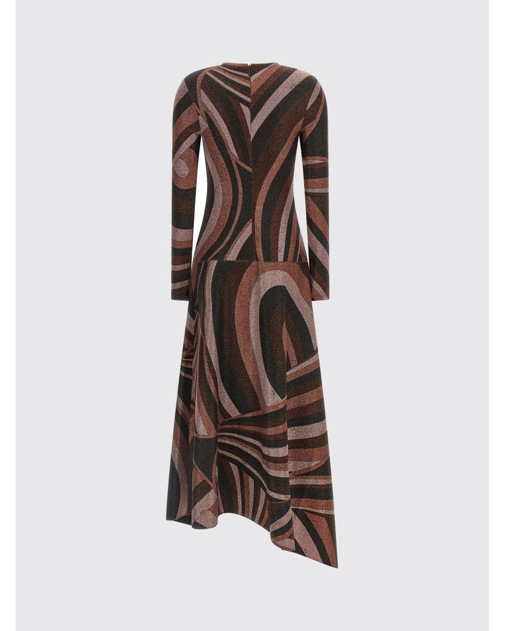 Emilio Pucci Red Iride Long-Sleeved Asymmetric Abstract Print Lurex Jersey Midi Dress
