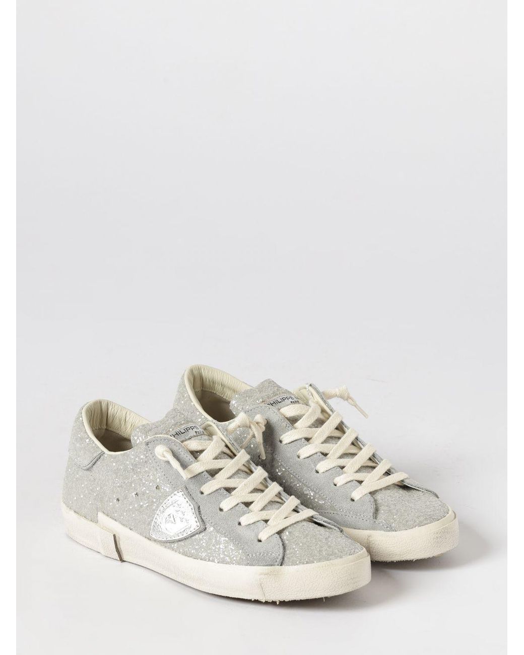 Philippe Model White Niedrige Sneaker Aus Leder Und Stoff Mit Glitzer Und Stickerei
