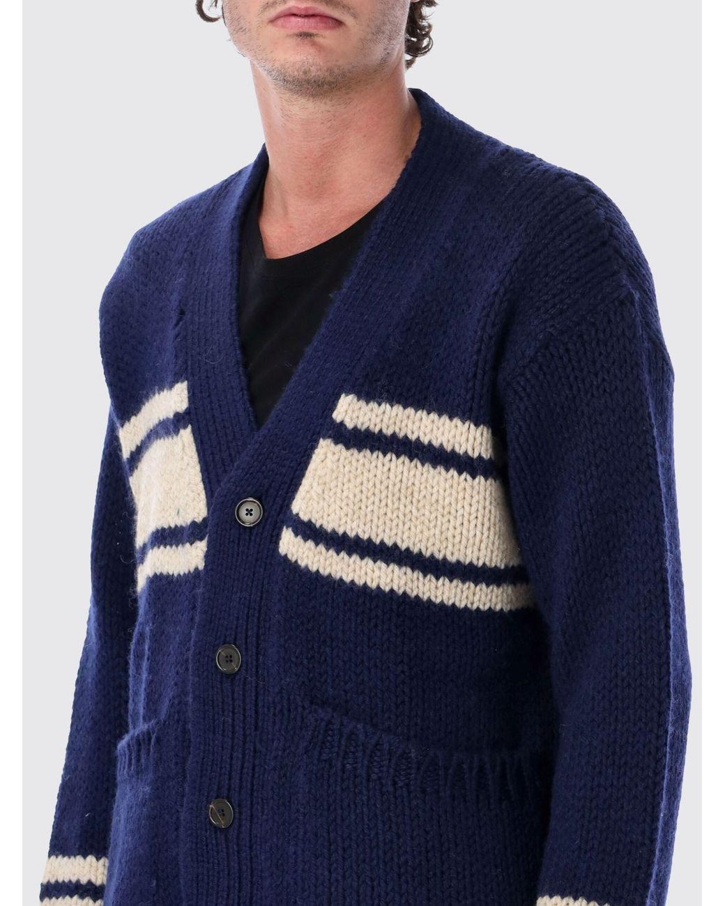 Universal Works Blue Relaxed Fit Striped Wool V-Neck Cardigan for men
