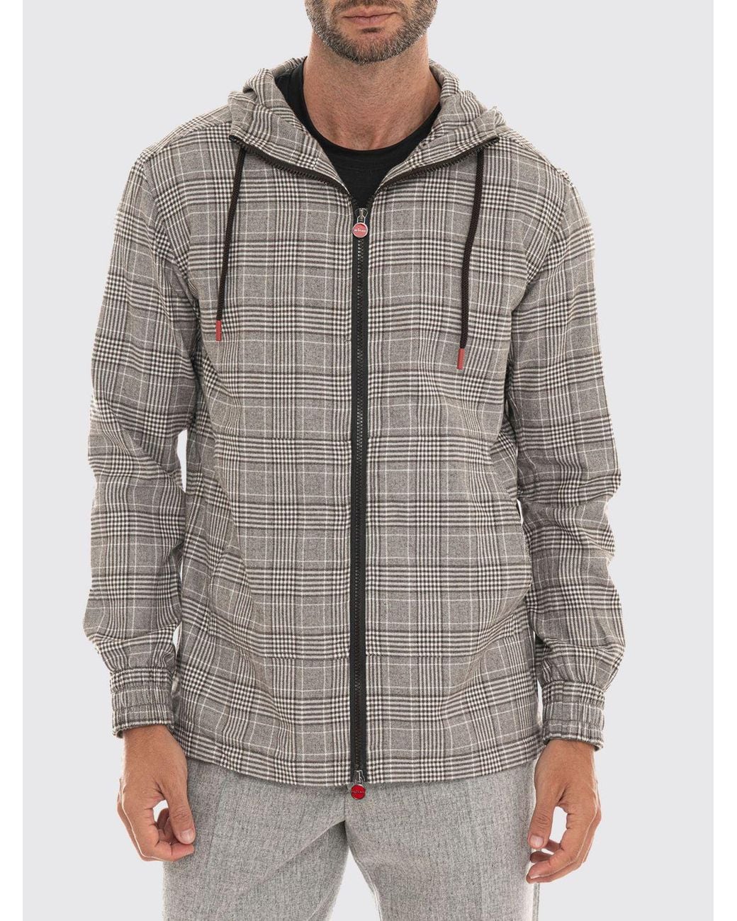 Kiton Gray Tartan Cotton Zip-Up Hoodie With Dropped Shoulders for men