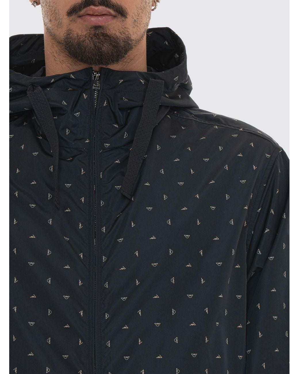 Emporio Armani Blue Hooded Windbreaker With All Over Logo for men