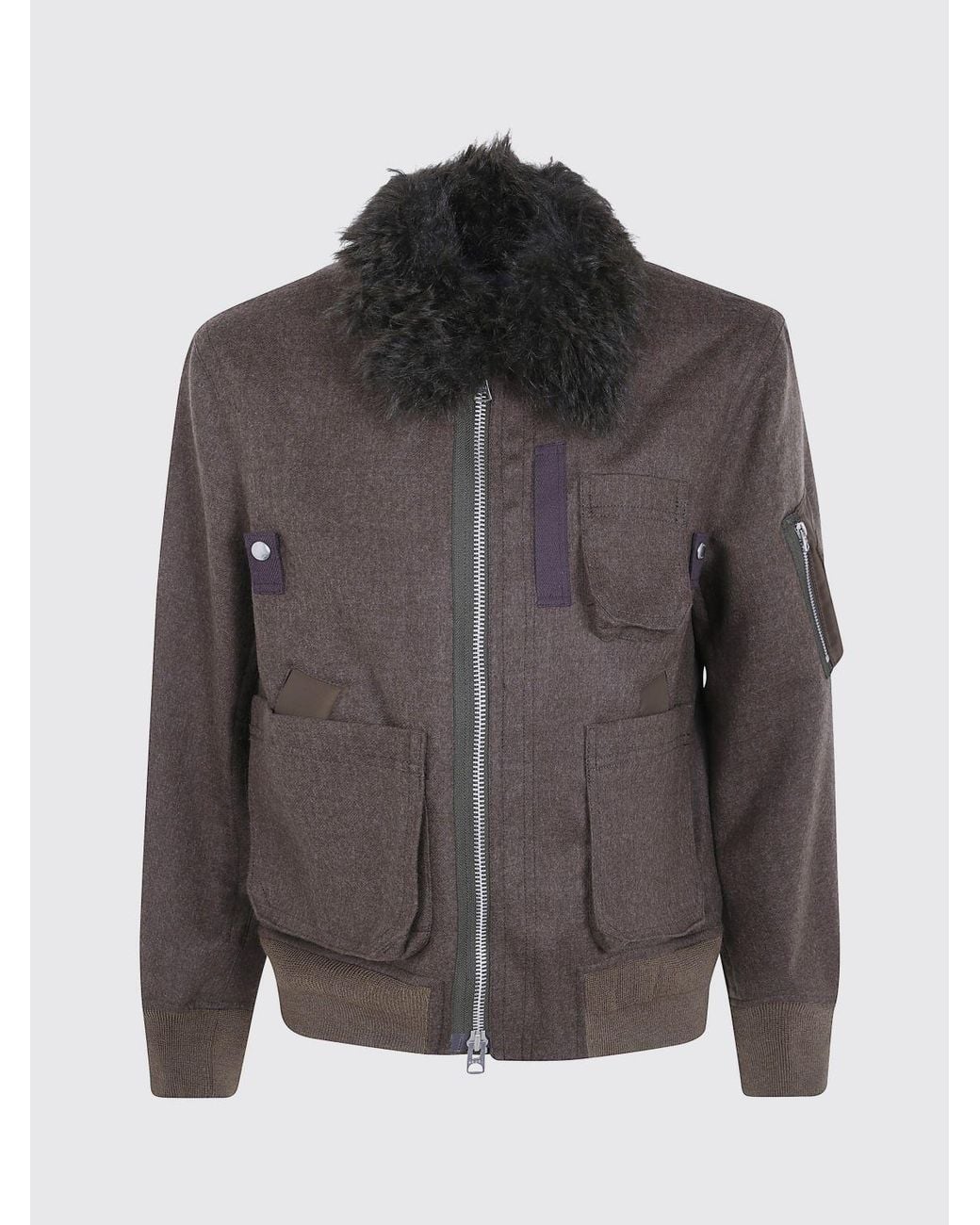Sacai Brown Fur-Collar Wool Bomber Jacket With Patch Pockets for men