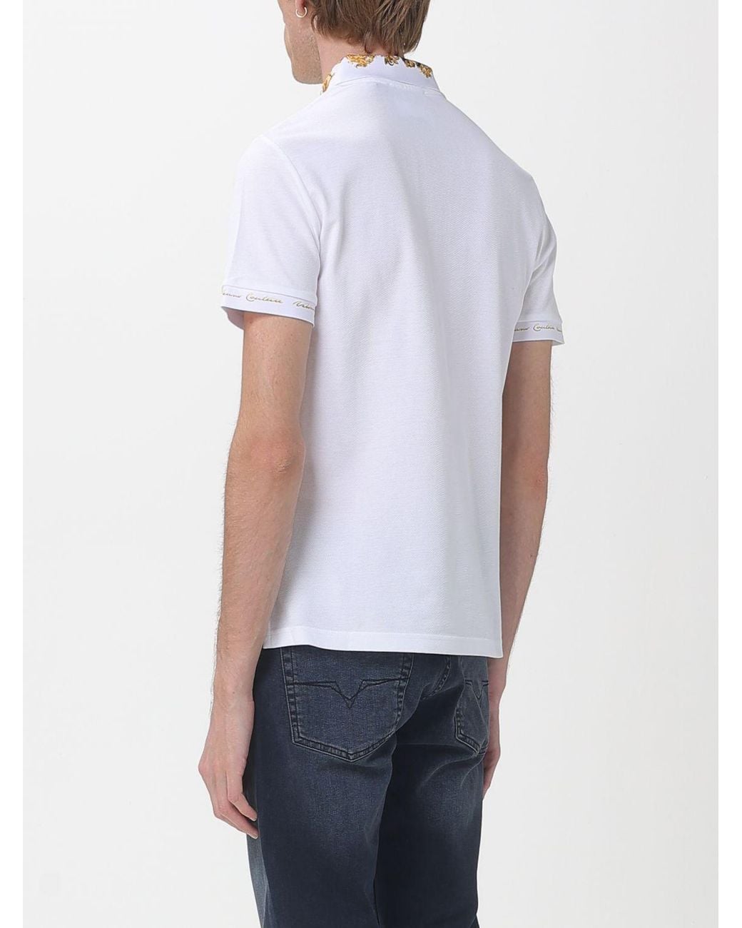 Versace Jeans Couture White Cotton Polo Shirt With Baroque Print Collar for men