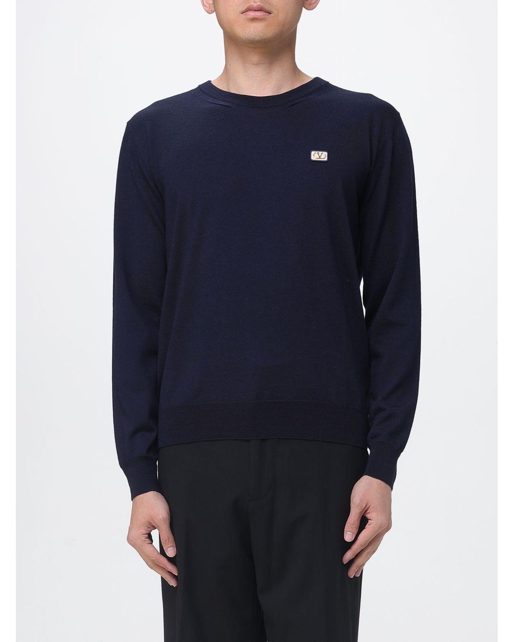Valentino Blue Wool Crew Neck Sweater With Logo for men