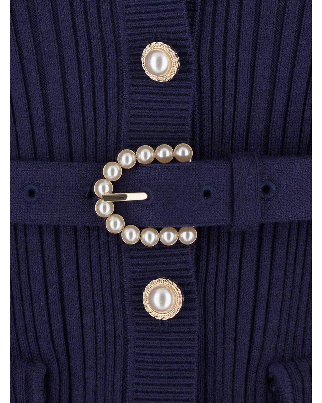 Self-Portrait Blue Slim Fit Ribbed-Knit Cardigan With Lapels And Belt