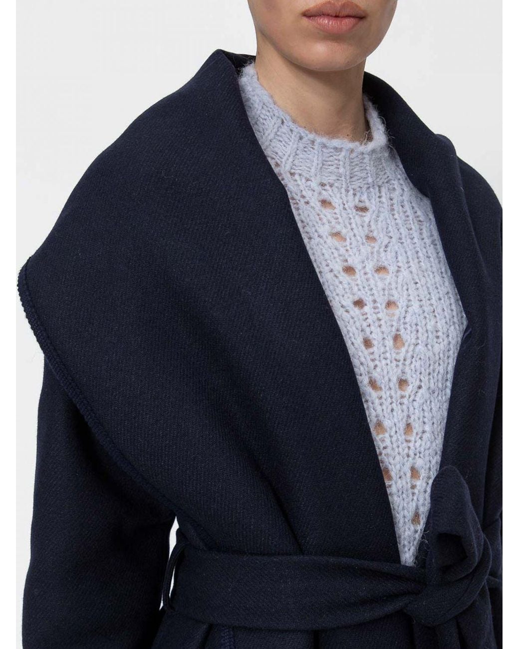 Twinset Blue Long Wool Robe Coat With Shawl Collar And Belt
