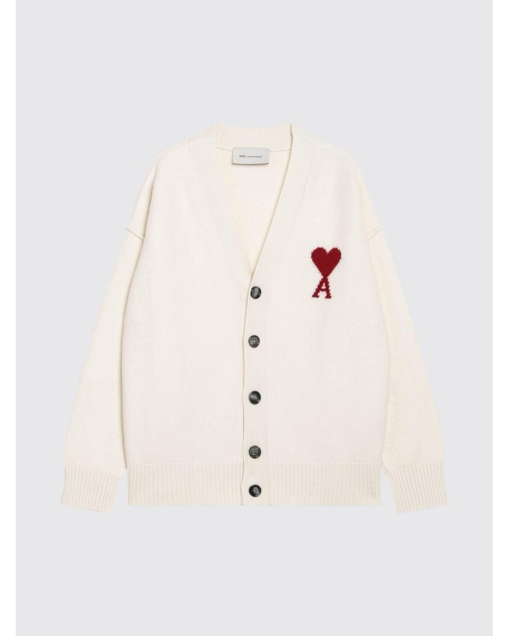 AMI Natural V-Neck Pure Wool Cardigan With Contrast Logo for men