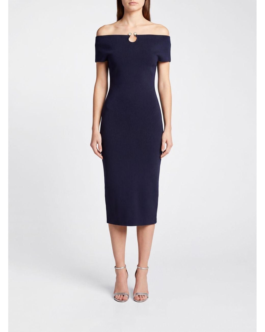 Alberta Ferretti Blue Off-The-Shoulder Midi Sheath Dress With Back Slit
