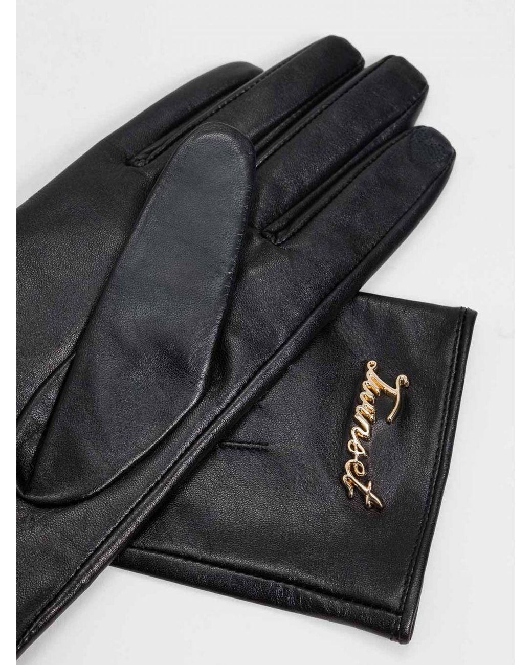Twinset Black Leather Gloves With Contrasting Embroidered Logo