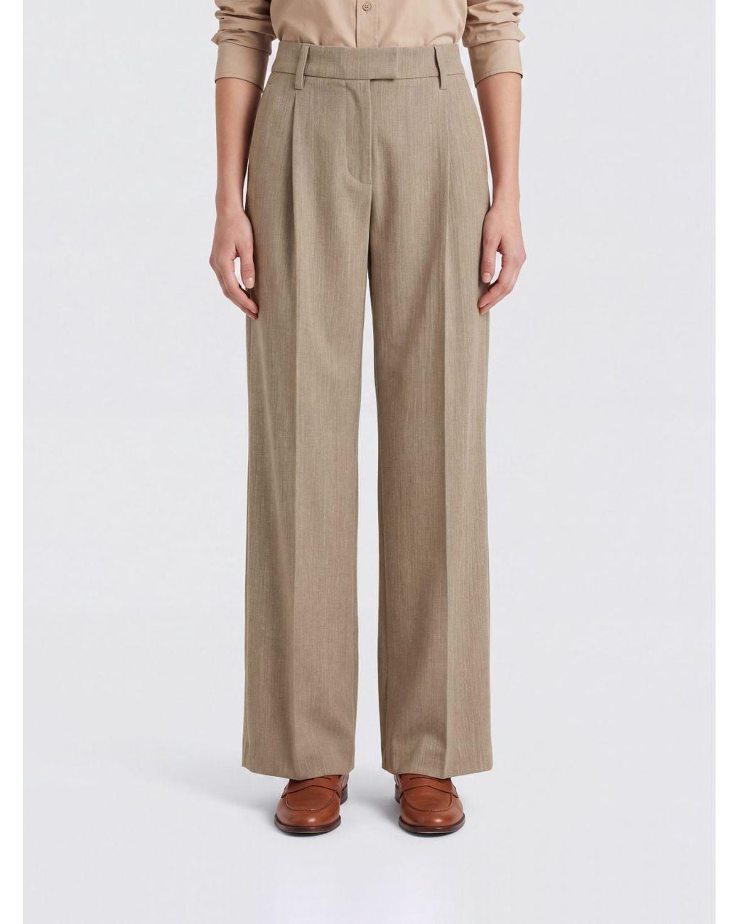 Brunello Cucinelli Natural High-Waisted Virgin Wool Palazzo Trousers With Pleats