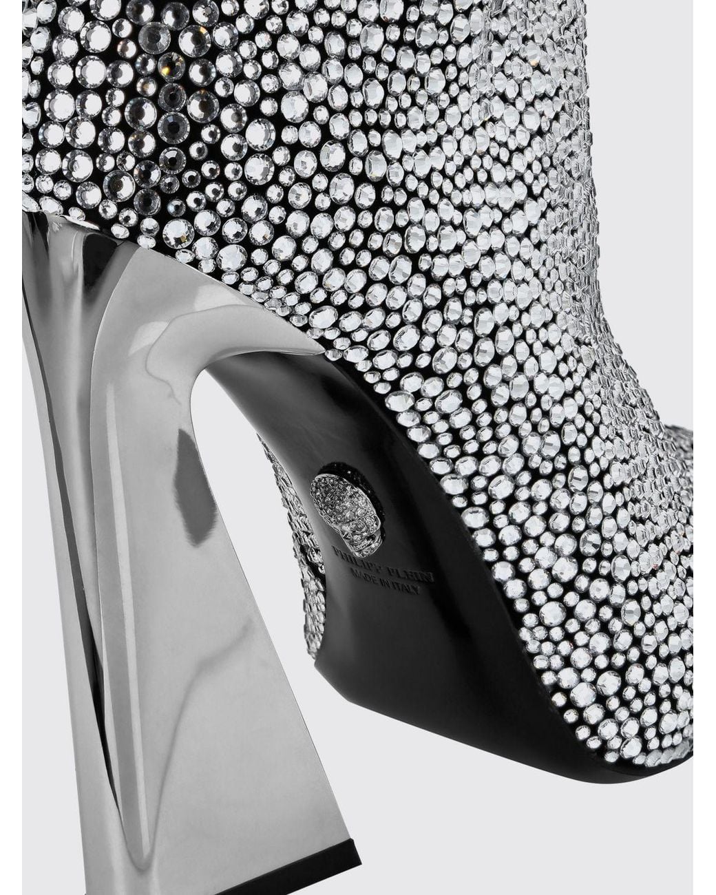 Philipp Plein Gray Almond-Toe Leather Ankle Boots With Swarovski Crystals And High Heels