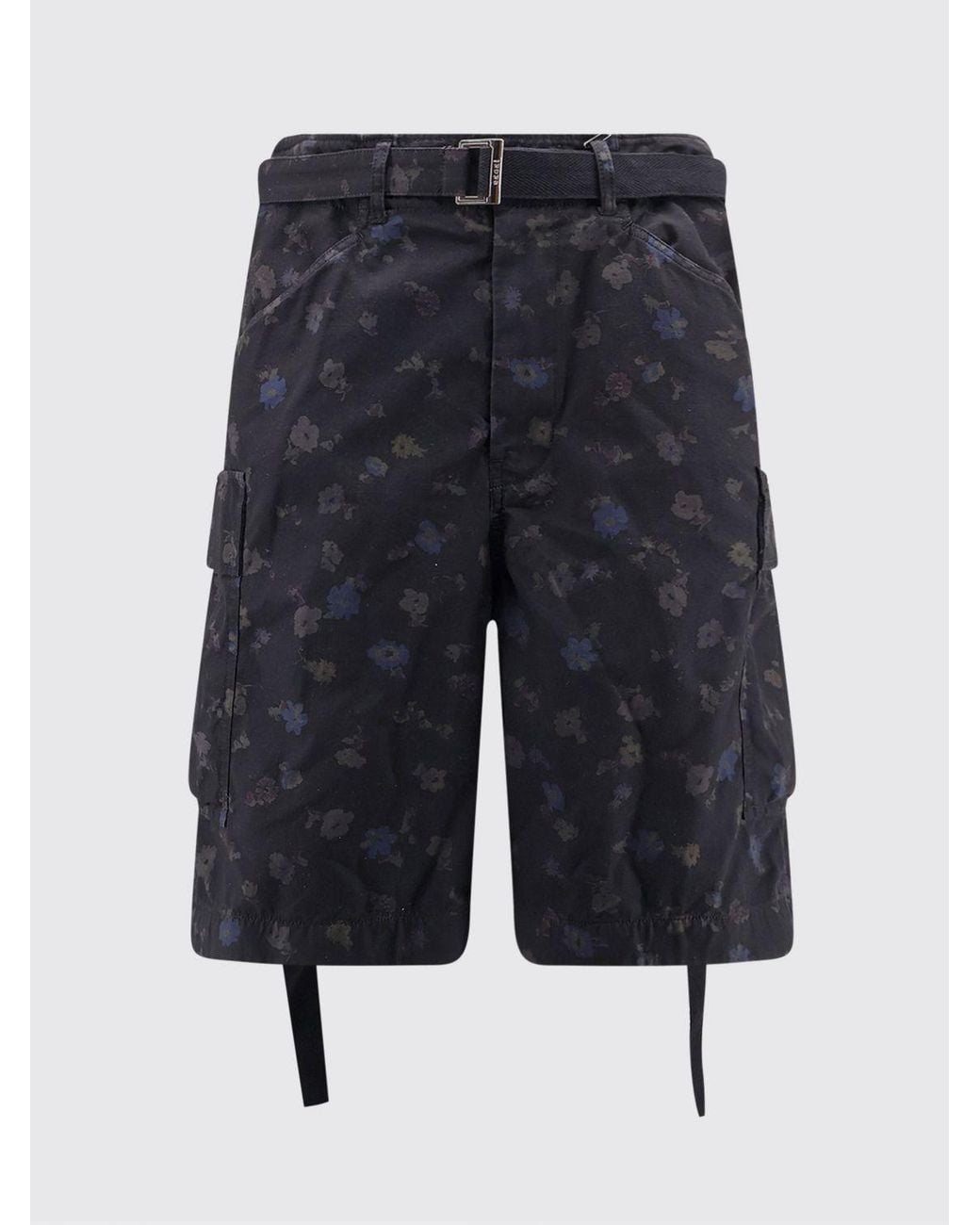 Sacai Black Floral Print Cotton Cargo Shorts for men