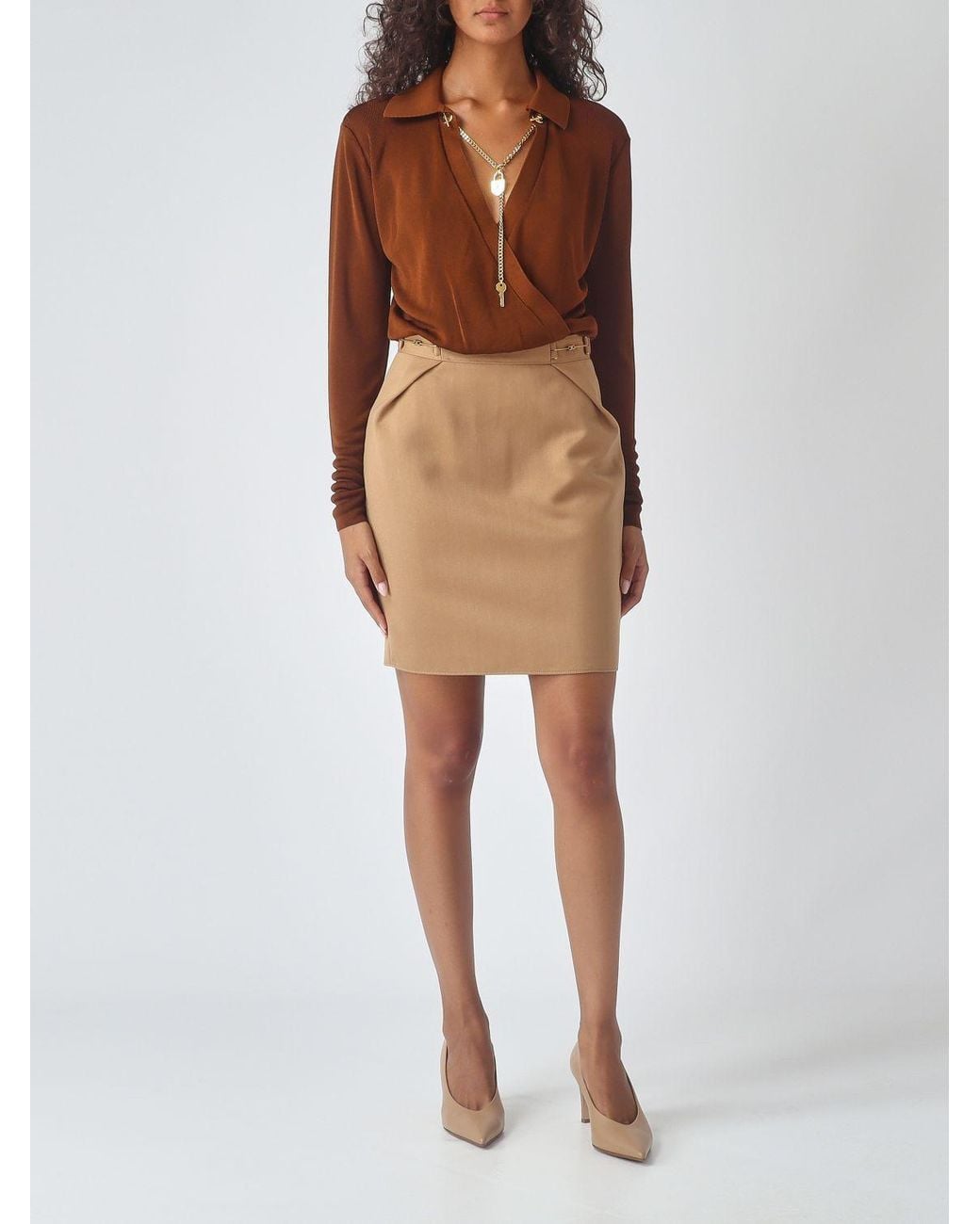 Elisabetta Franchi Brown Long-Sleeved Blouse With Metallic Mesh Details