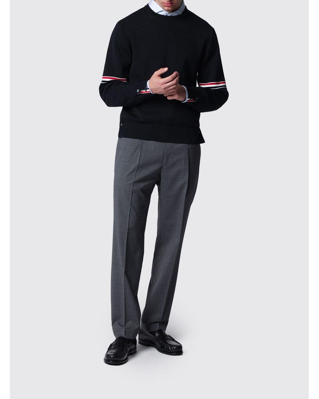 Thom Browne Blue Cotton Crewneck Jumper With Signature -Bar Stripe Sleeve for men