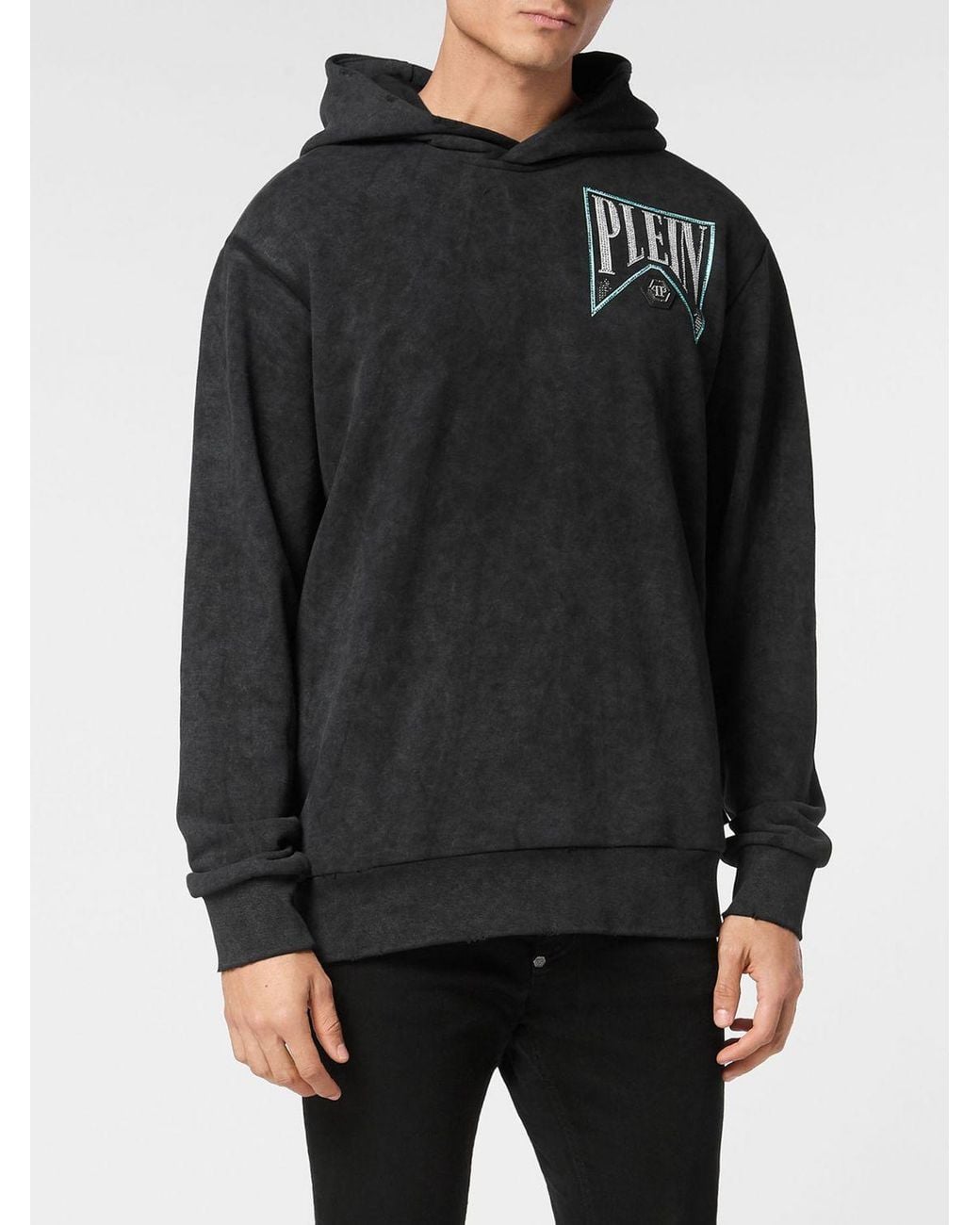 Philipp Plein Black Cotton Hoodie With Rhinestone Logo And Dropped Shoulders for men