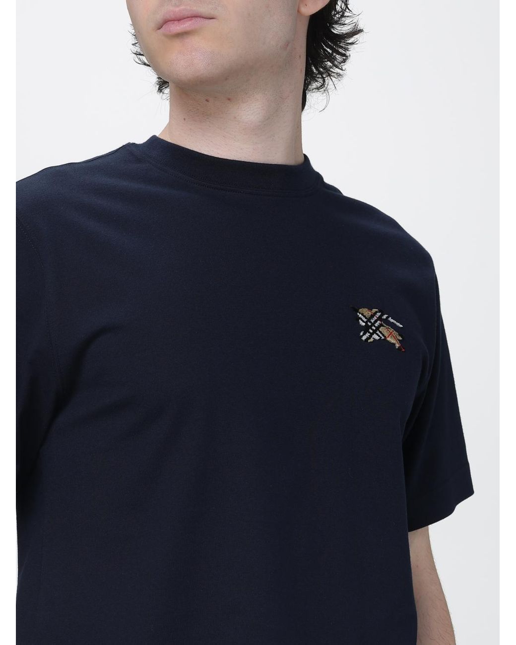 Burberry Blue Cotton T-Shirt With Crew Neck And Equestrian Knight Logo Detail for men