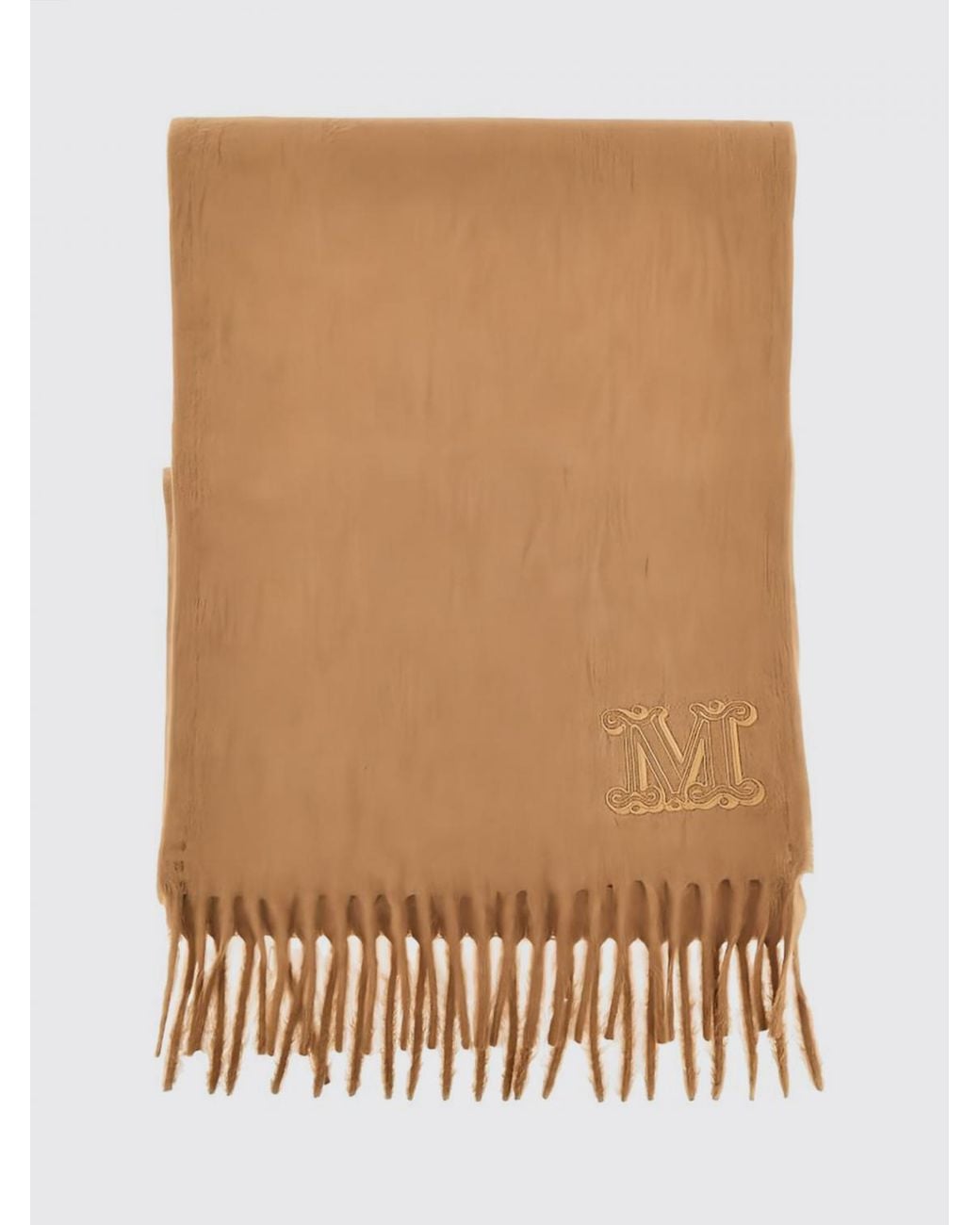 Max Mara Natural Two-Colour Pure Wool Scarf With Embroidered Monogram And Fringes