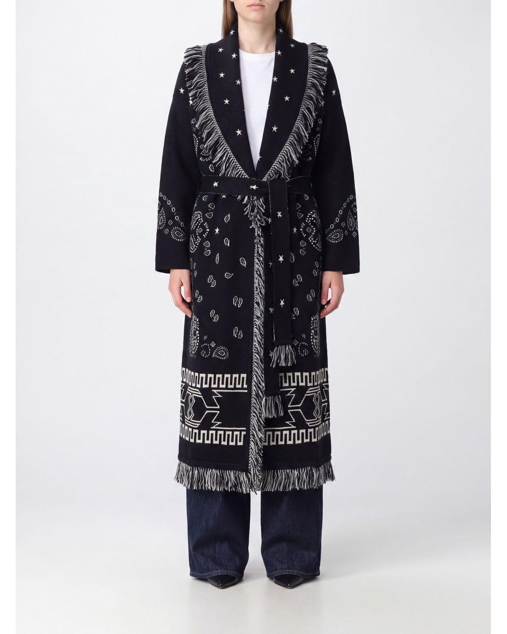 Alanui Blue Long Jacquard Virgin Wool Robe Cardigan With Fringes