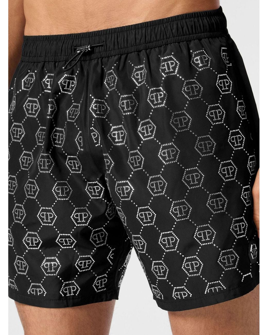 Philipp Plein Black Rhinestone Polyester Swimsuit for men