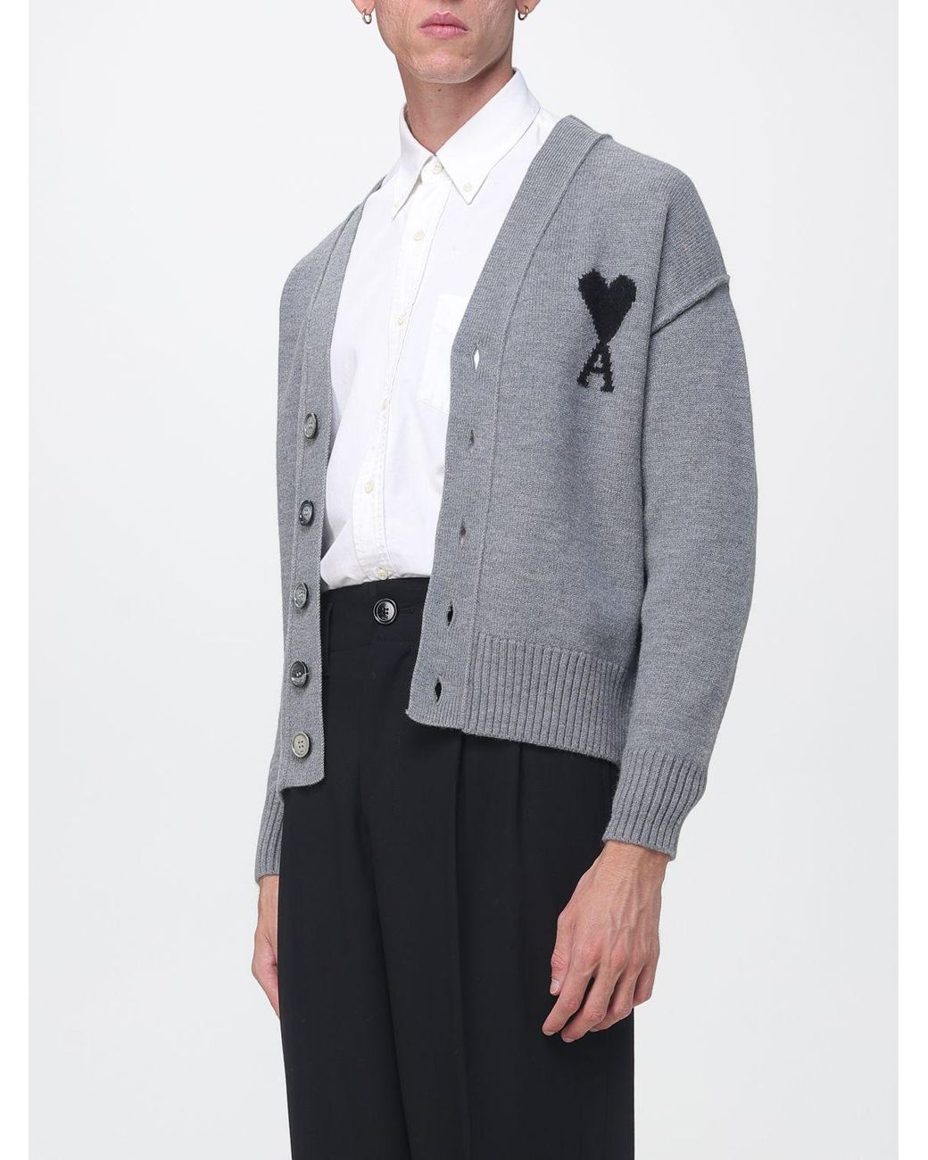 AMI Gray V-Neck Wool Cardigan With Contrast Logo for men