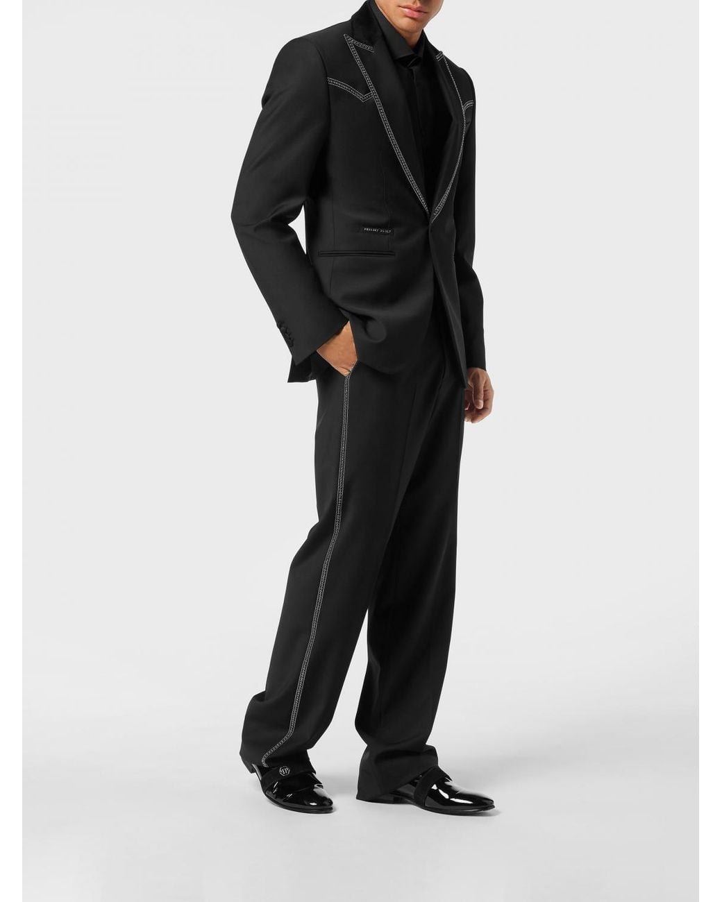 Philipp Plein Black Single-Breasted Wool Blazer With Embroidered Crystals And Peak Lapels for men