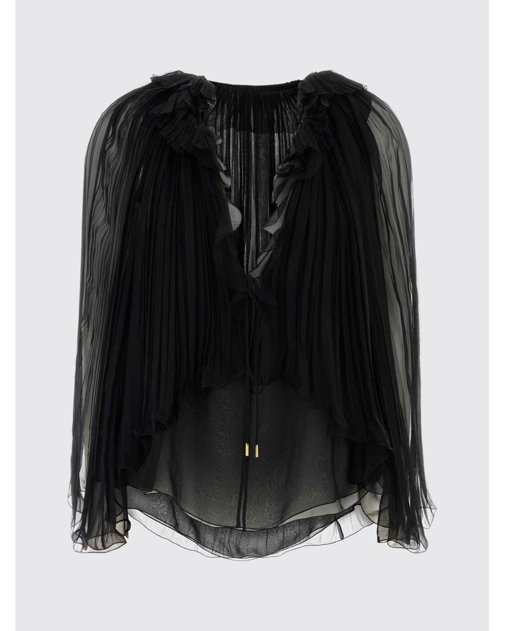 Alberta Ferretti Black Pleated Pure Silk Blouse With Asymmetrical V-Neck