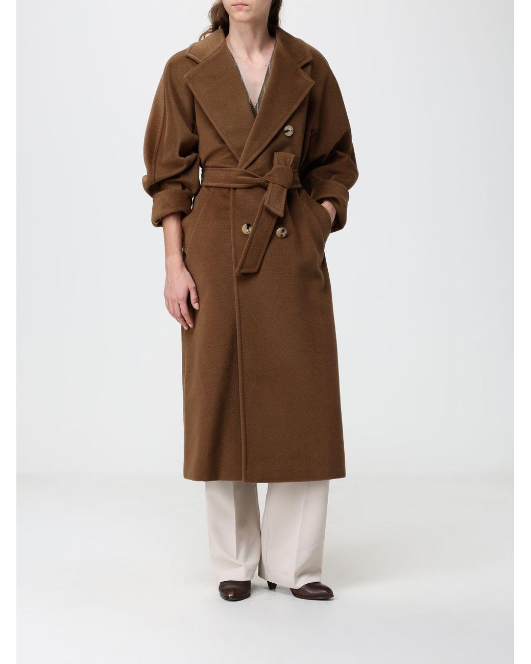 Max Mara Brown Madame Double-Breasted Long Wool Coat With Belt