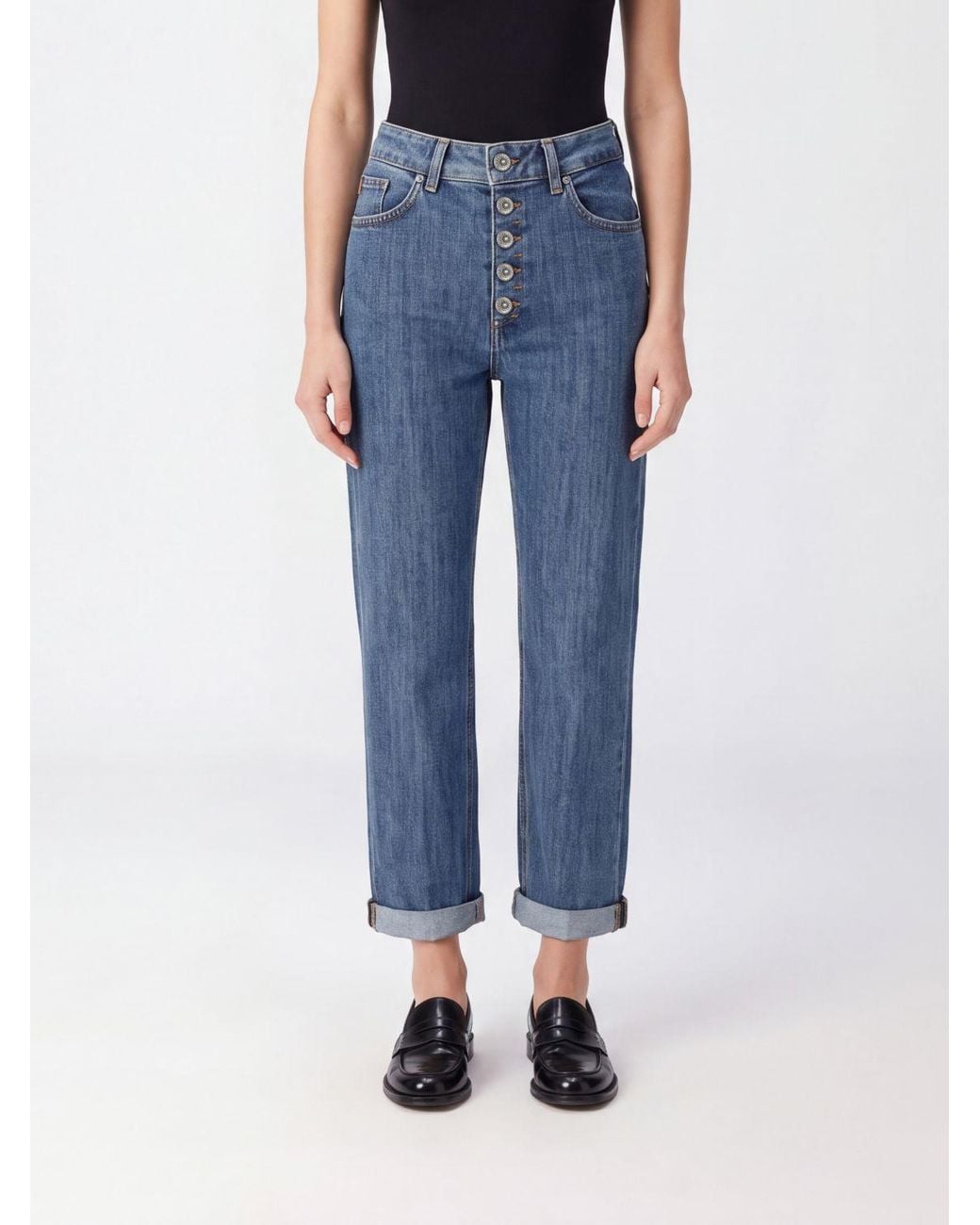 Dondup Blue Mid-Rise Straight Leg Cropped Jeans With Cuffed Hems