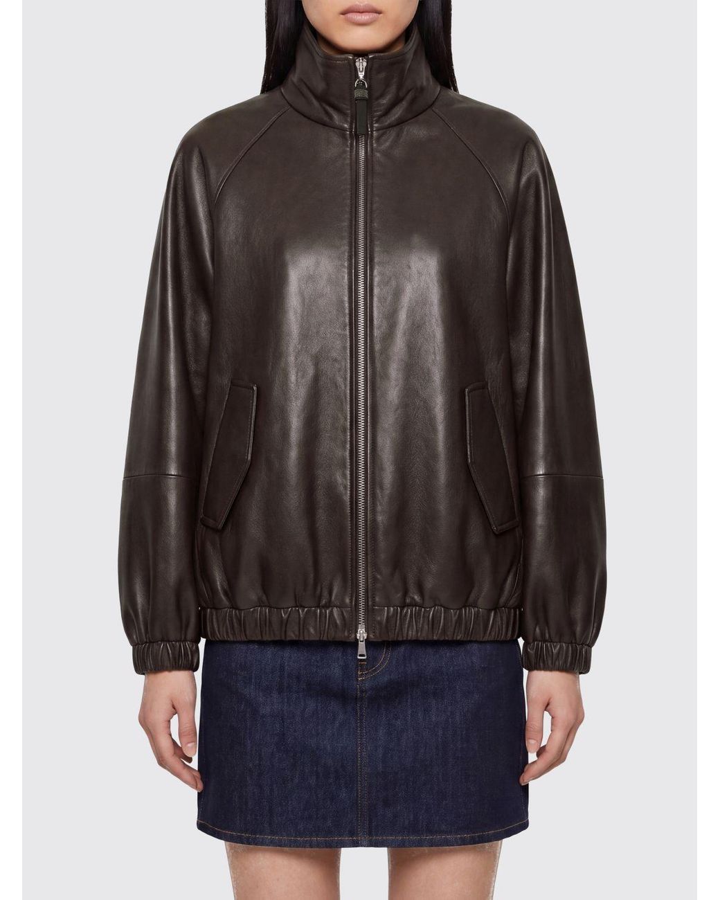 Brunello Cucinelli Black Relaxed Fit Lambskin Leather Bomber Jacket With High Neck