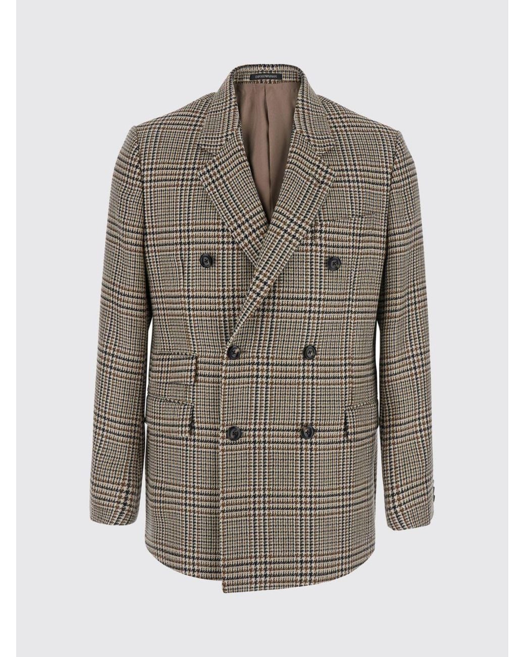 Emporio Armani Gray Double-Breasted Virgin Wool Blazer With Houndstooth Pattern for men