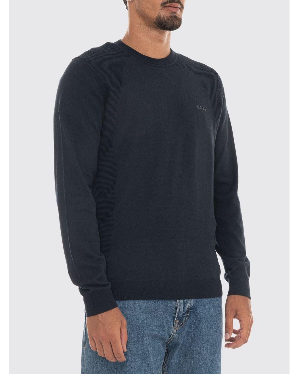 Boss Blue Cotton Blend Crew Neck Jumper With Long Sleeves And Ribbed Trims for men