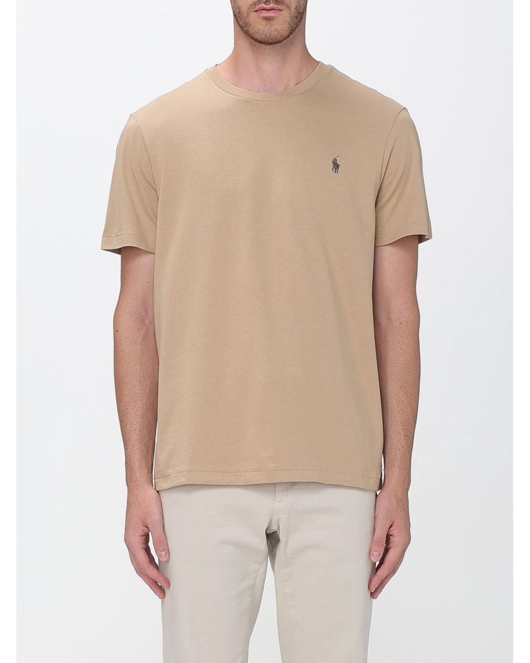 Polo Ralph Lauren Natural Slim Fit Cotton T-Shirt With Embroidered Logo And Crew Neck for men