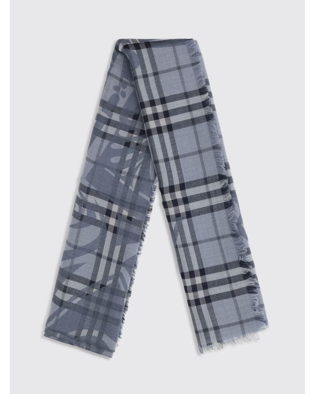 Burberry Blue Check Wool And Silk-Blend Scarf With Fringed Edges