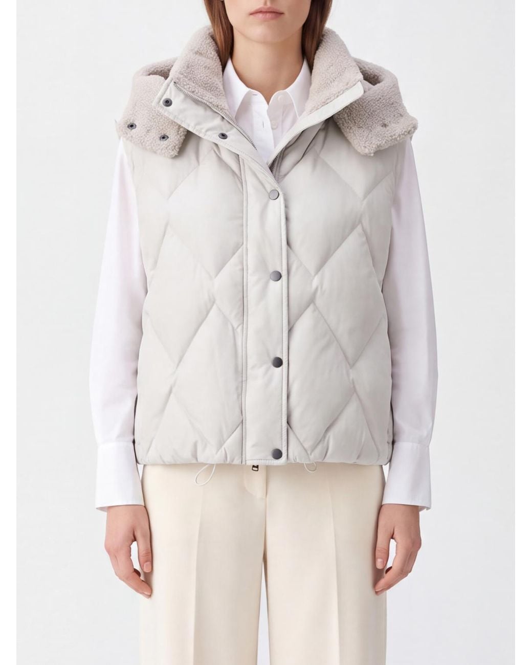Brunello Cucinelli Gray Padded Nylon Gilet With Shearling Hood