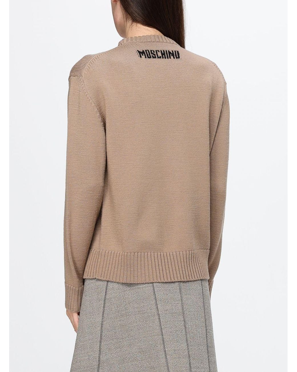 Moschino Couture Natural Pure Virgin Wool Crewneck Jumper With Front Graphic Print