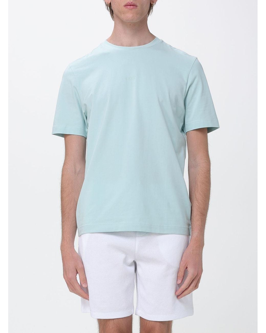 Boss Blue Crew Neck Stretch-Cotton T-Shirt With Contrast Chest Logo for men