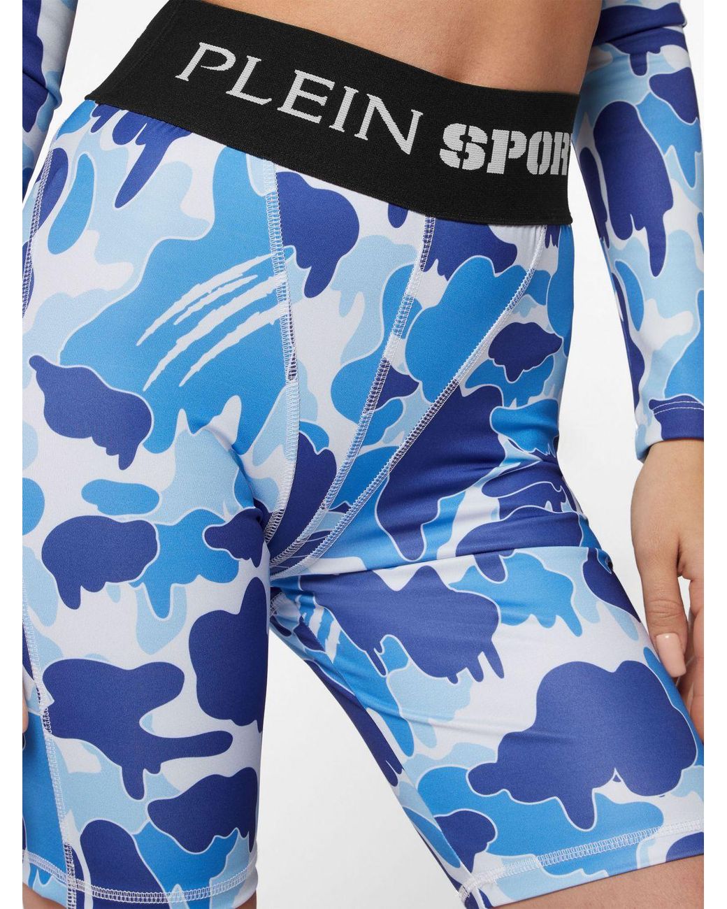 Philipp Plein Blue High-Waisted Camouflage Print Cycling Shorts
