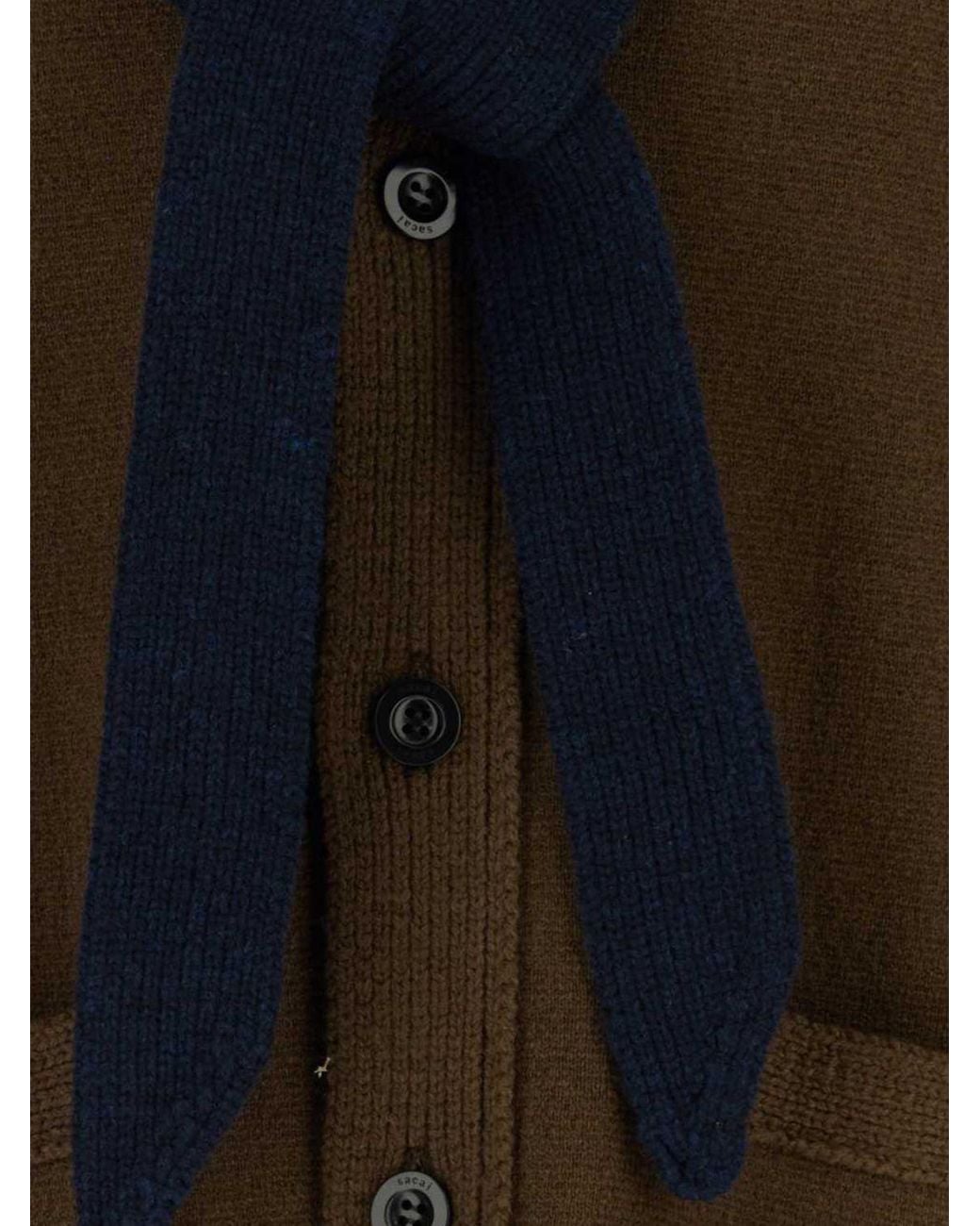 Sacai Black Pure Wool Cardigan With Scarf Neck And Patch Pockets for men