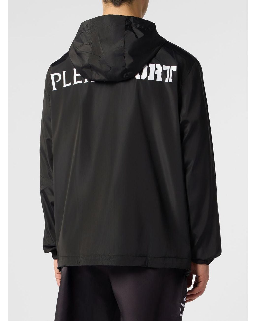 Philipp Plein Black Nylon Windbreaker Jacket With Hood And Rear Contrast Logo for men