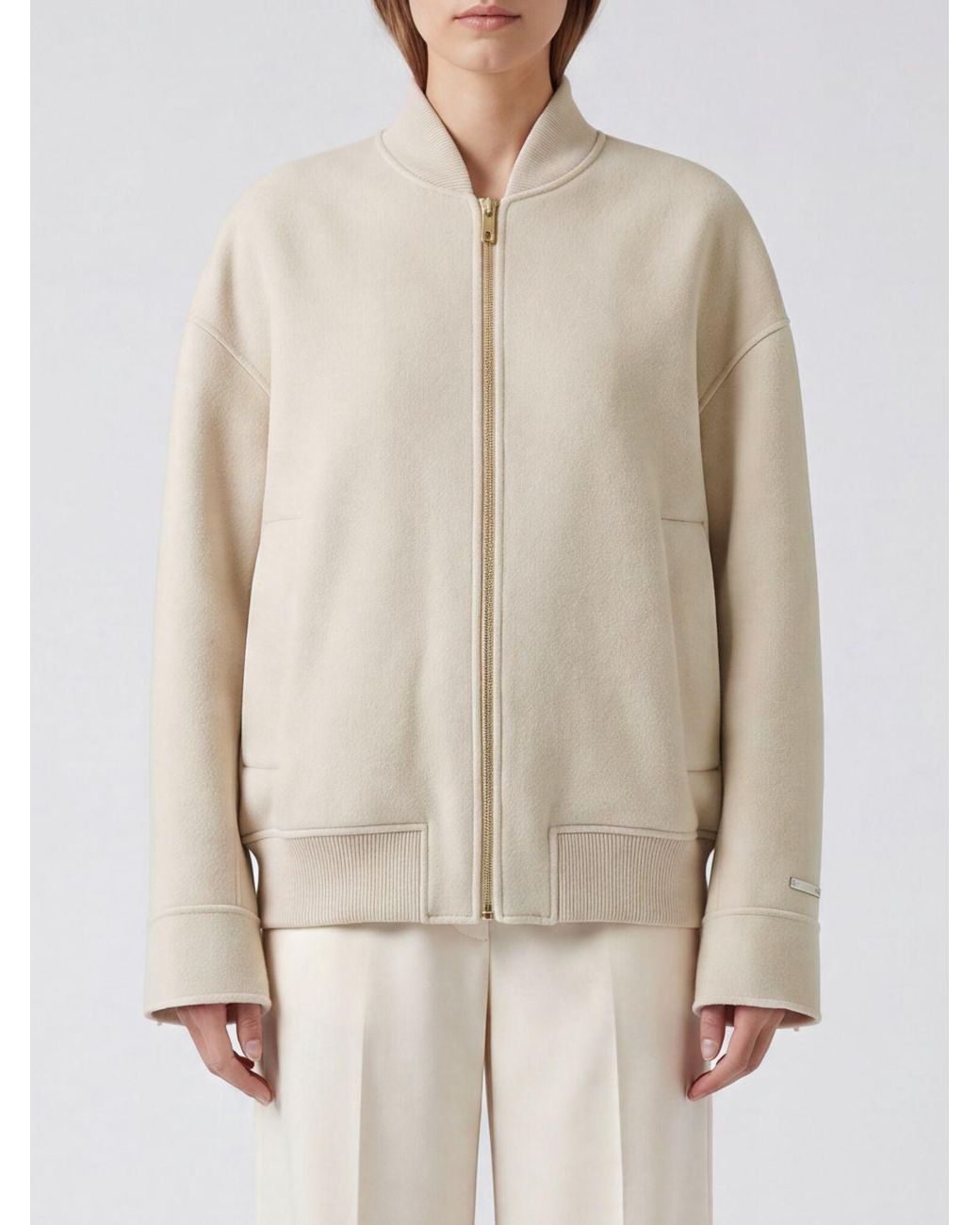 Sportmax Natural Cropped Pure Virgin Wool Bomber Jacket With Contrast Logo