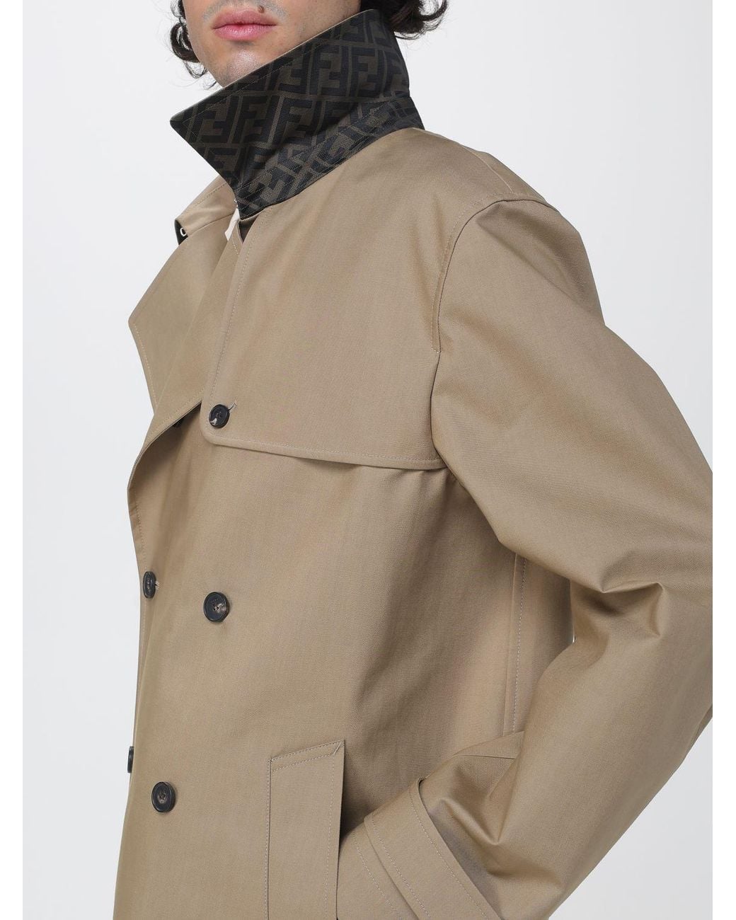 Fendi Natural Knee-Length Double-Breasted Cotton Trench Coat With Back Vent for men