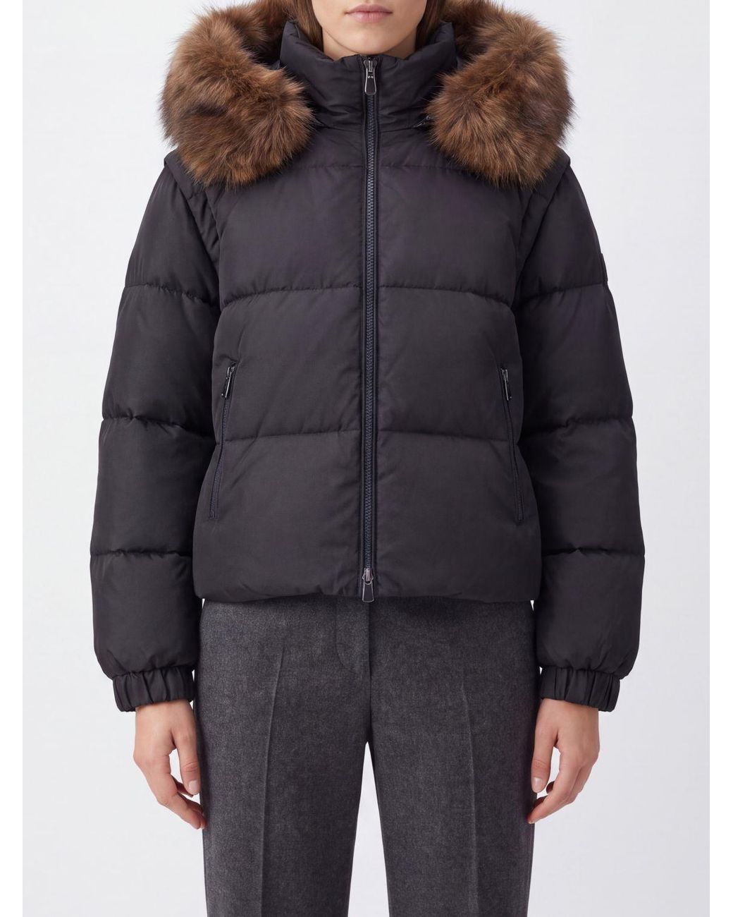 Pinko Black Godetia Nylon Puffer Jacket With Hood, Fur Collar, And Removable Sleeves