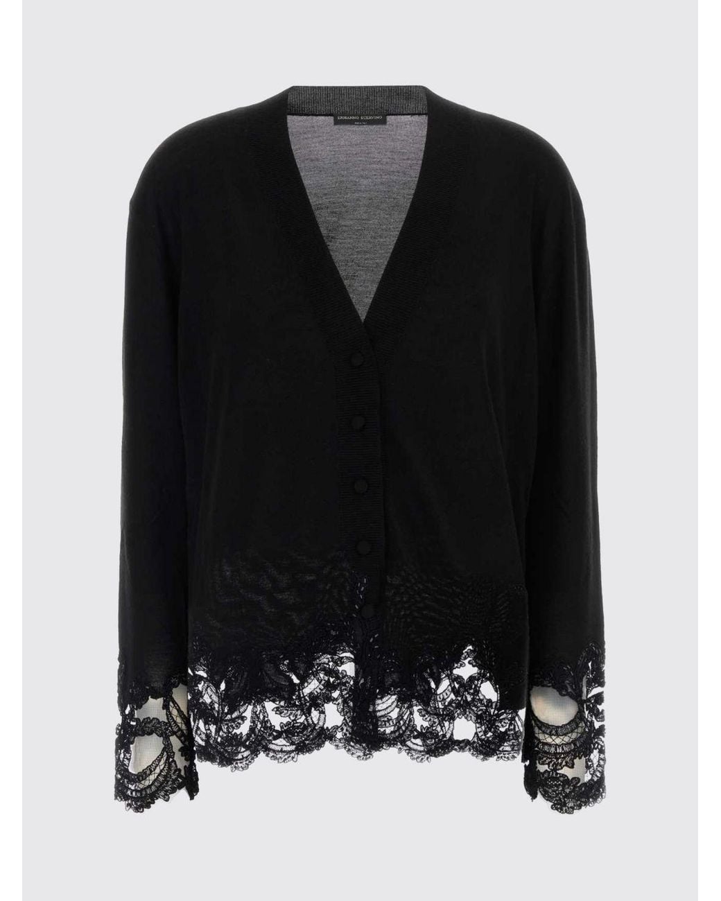 Ermanno Scervino Blue V-Neck Virgin Wool Cardigan With Lace Inserts