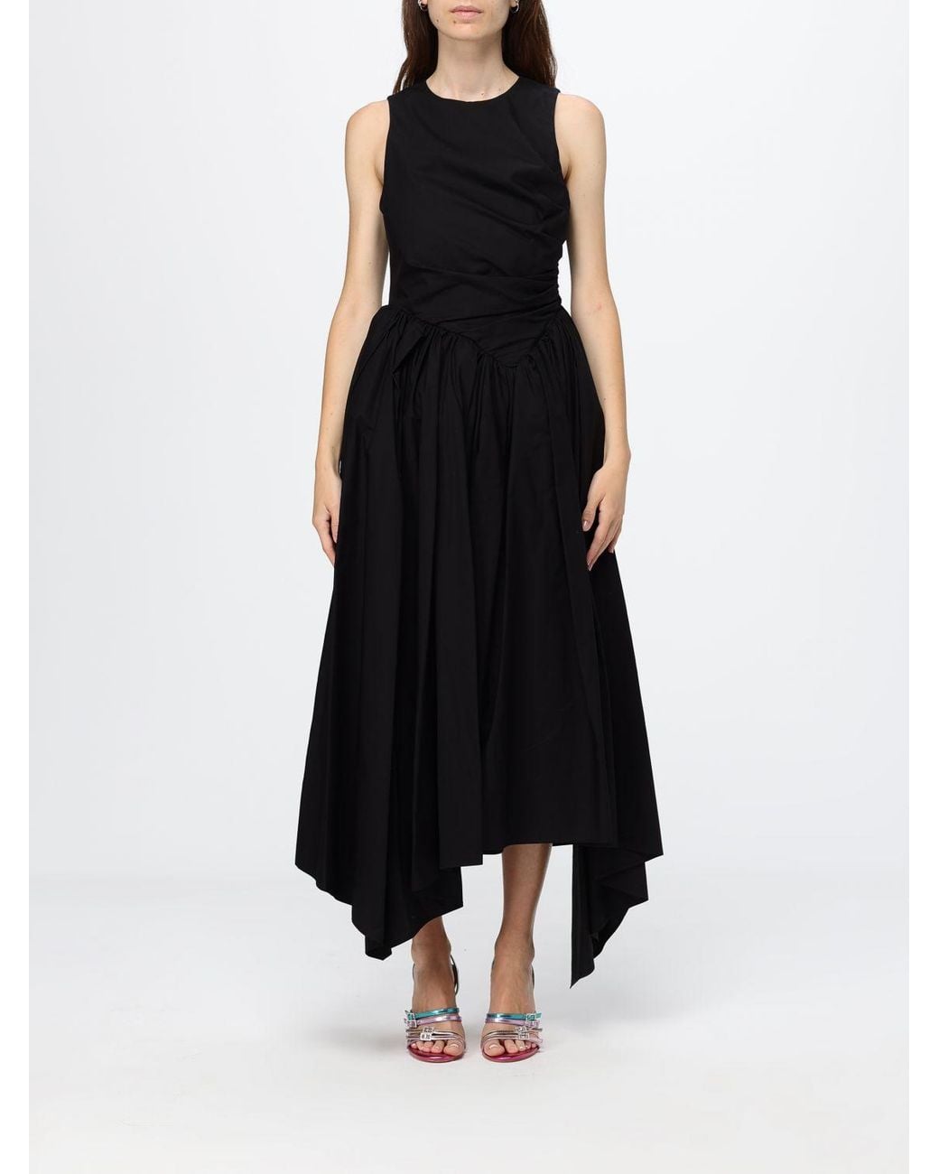 MSGM Black Asymmetric Off-The-Shoulder Cotton Midi Dress With A Crew Neck