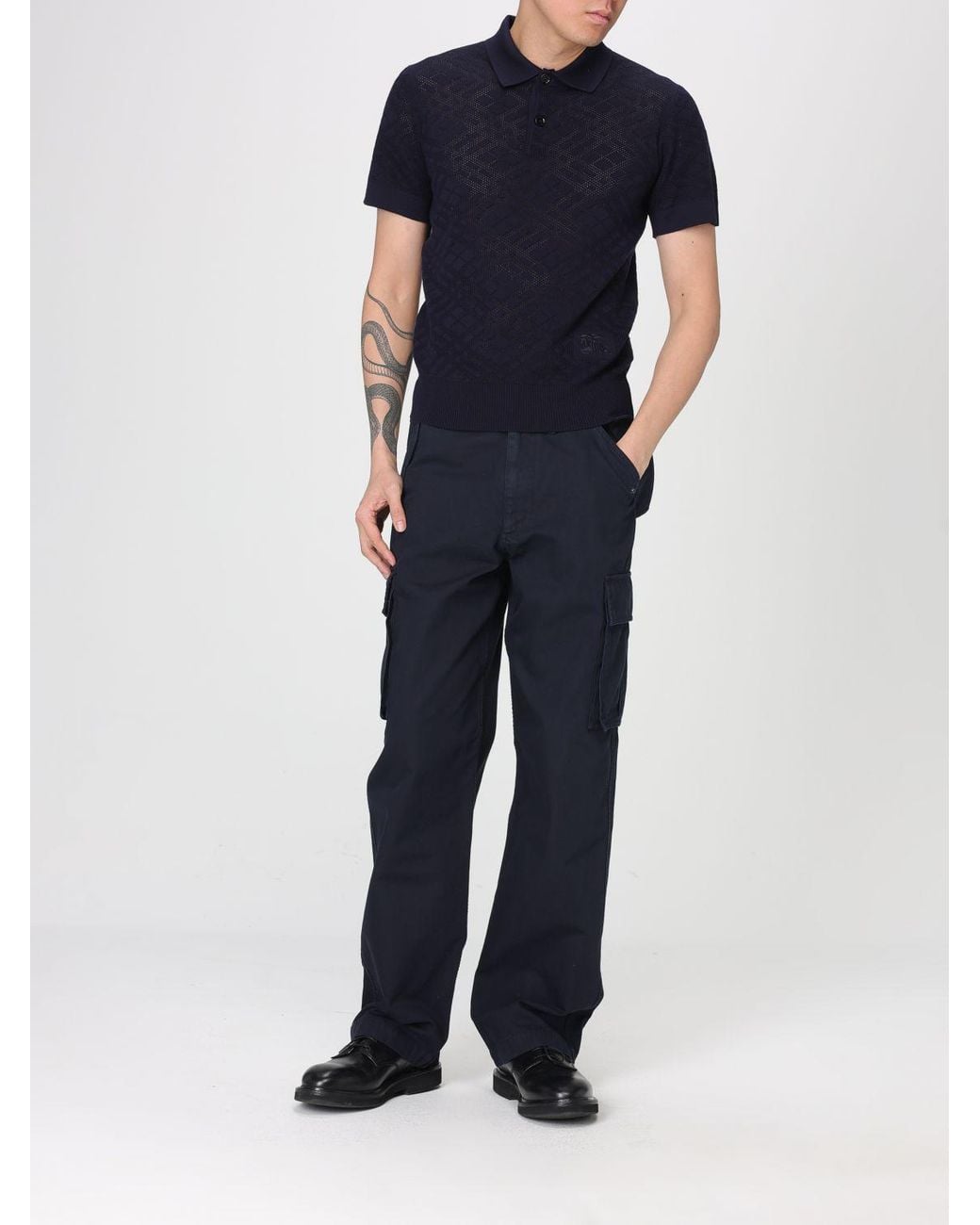Burberry Blue Cotton Trousers With Check Details for men
