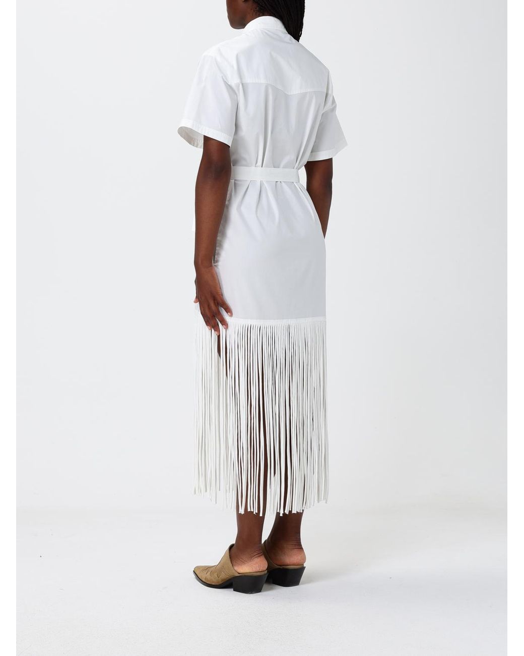 Pinko White Poplin Chemisier Dress With Fringes
